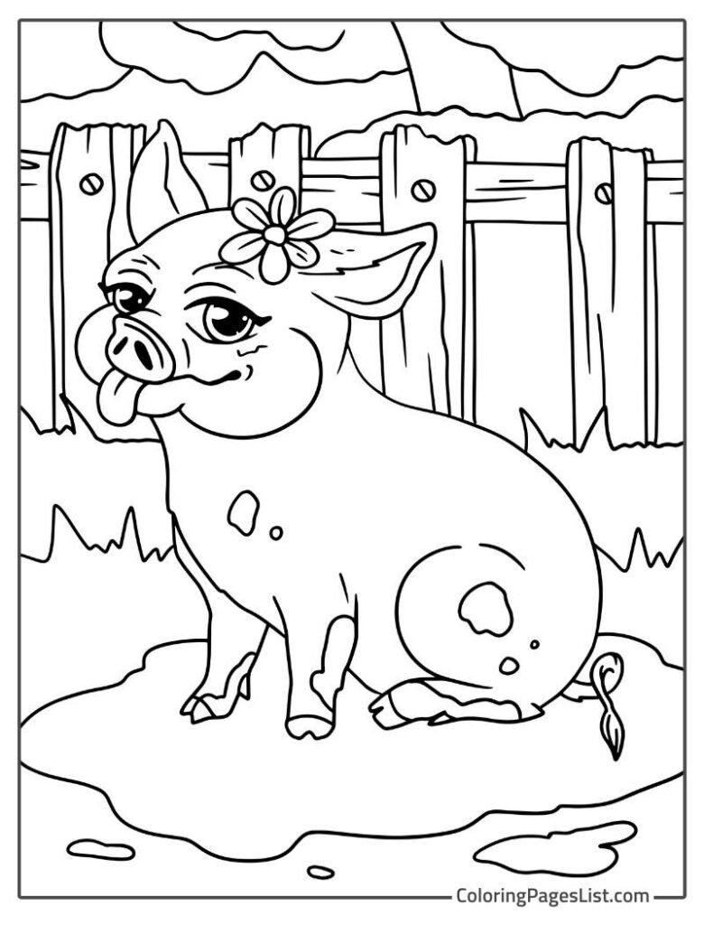 Female Pig Sitting On The Mud In Front Of The Fence Coloring Page
