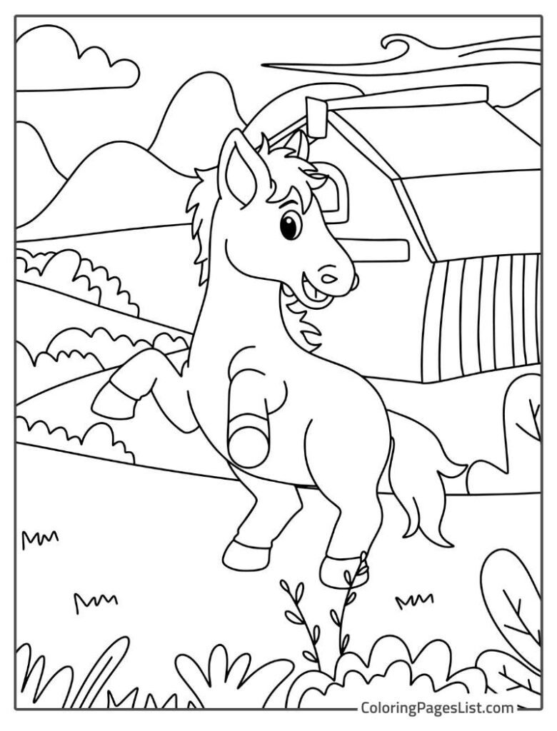 Horse Enjoying In The Farm Coloring Sheet