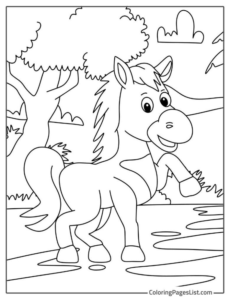 Horse Enjoying Outside Near The Trees Coloring Sheet