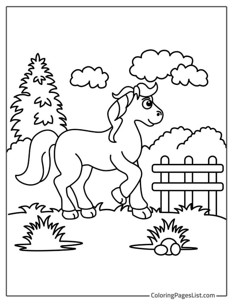 Horse Standing In Front of The Fence Coloring Sheet