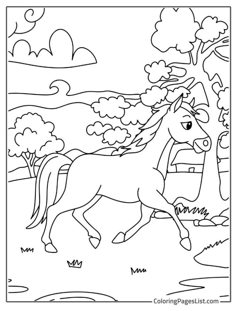 Horse Walking On The Grass For Coloring