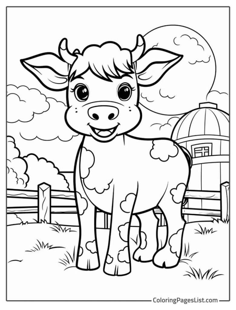 Little Cow Standing In Front Of The Fence Coloring Page