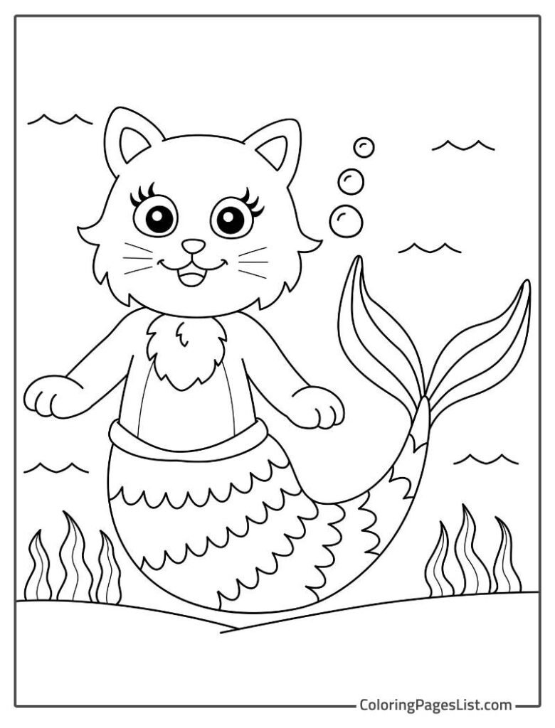 Mermaid Cute Cat Coloring Sheet