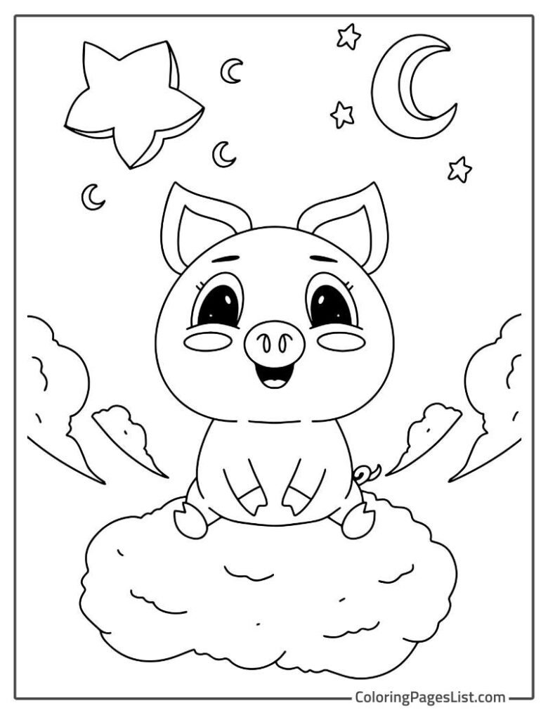 Pig Sitting On The Cloud Coloring Page
