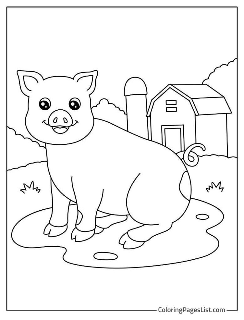 Pig Sitting On The Mud And Smiling To Color In
