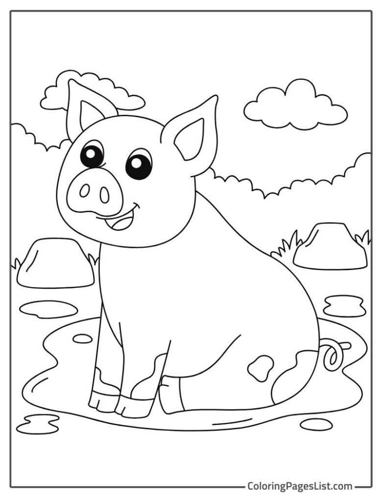 Pig Sitting On The Mud Playing Outside Coloring Sheet
