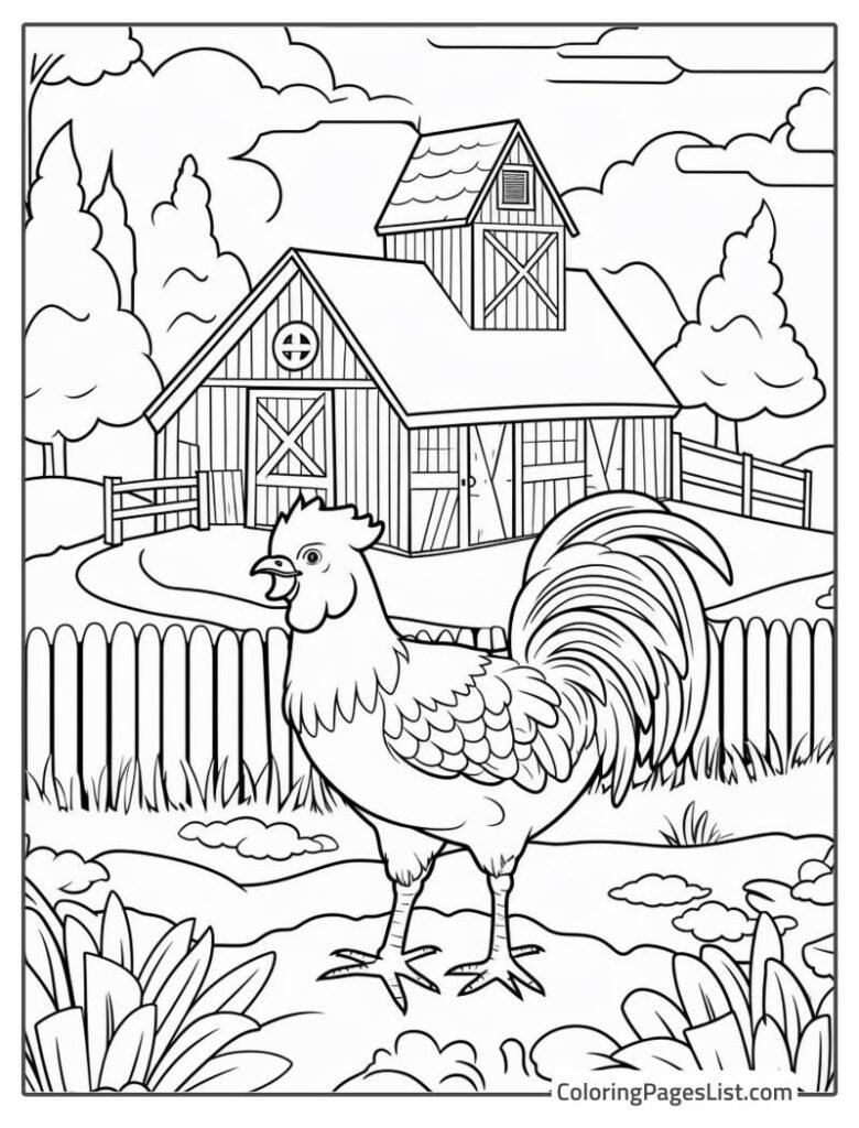 Rooster Walking Near The Beautiful House Coloring Page