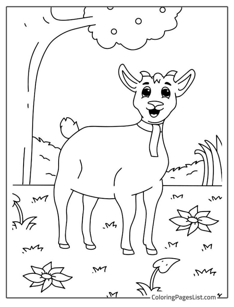 Sheep Laughing And Standing Below The Tree in The Garden To Color In