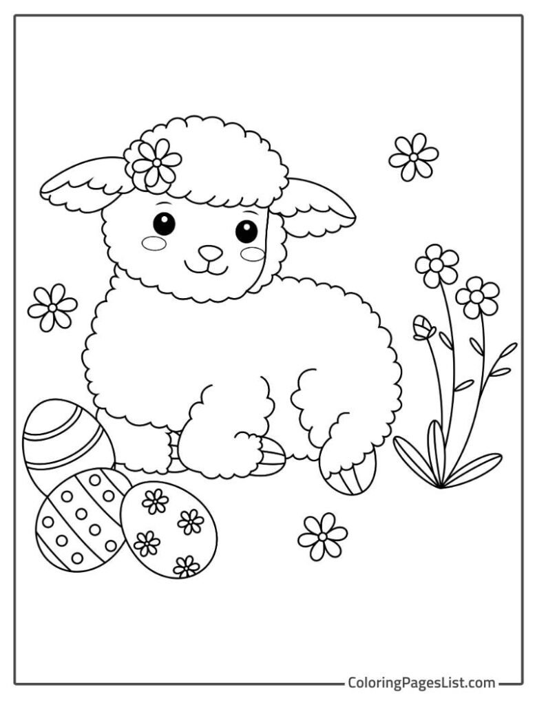 Sheep Sitting On The Ground Near The Eggs To Color In