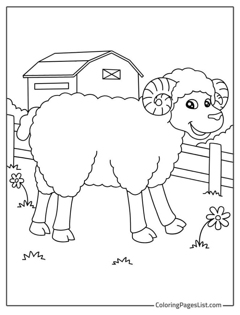 Sheep Smiling Standing In Front Of The Fence In The Farm Coloring Page