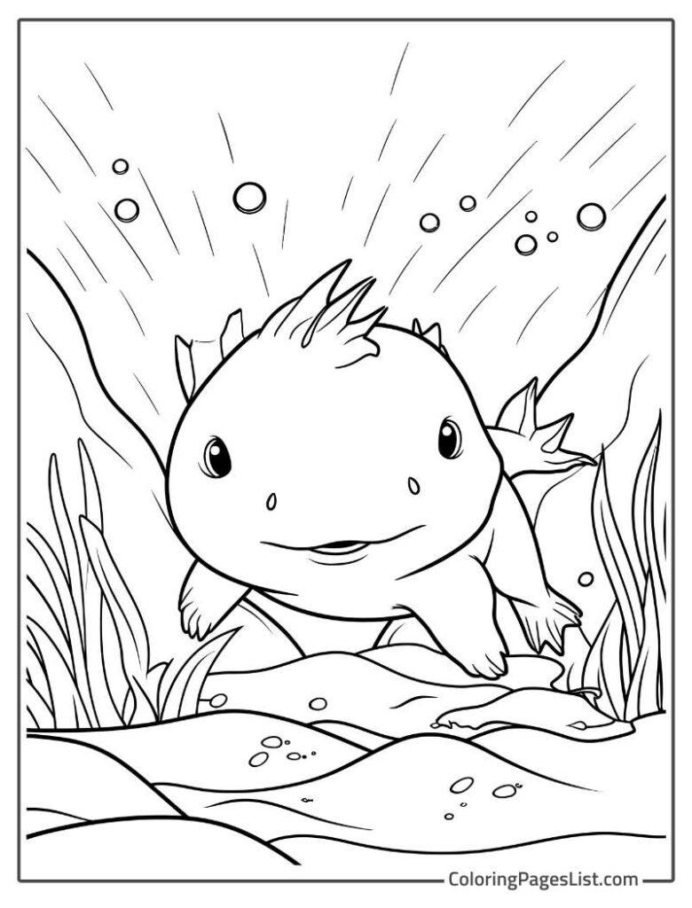 Simple Outline Of Axolotl In The Water Coloring Page