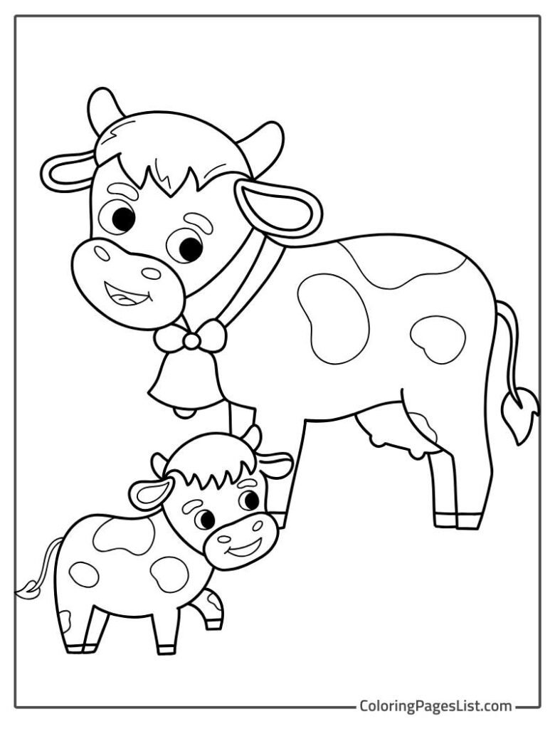 Simple Cow And His Baby Smiling To Color In