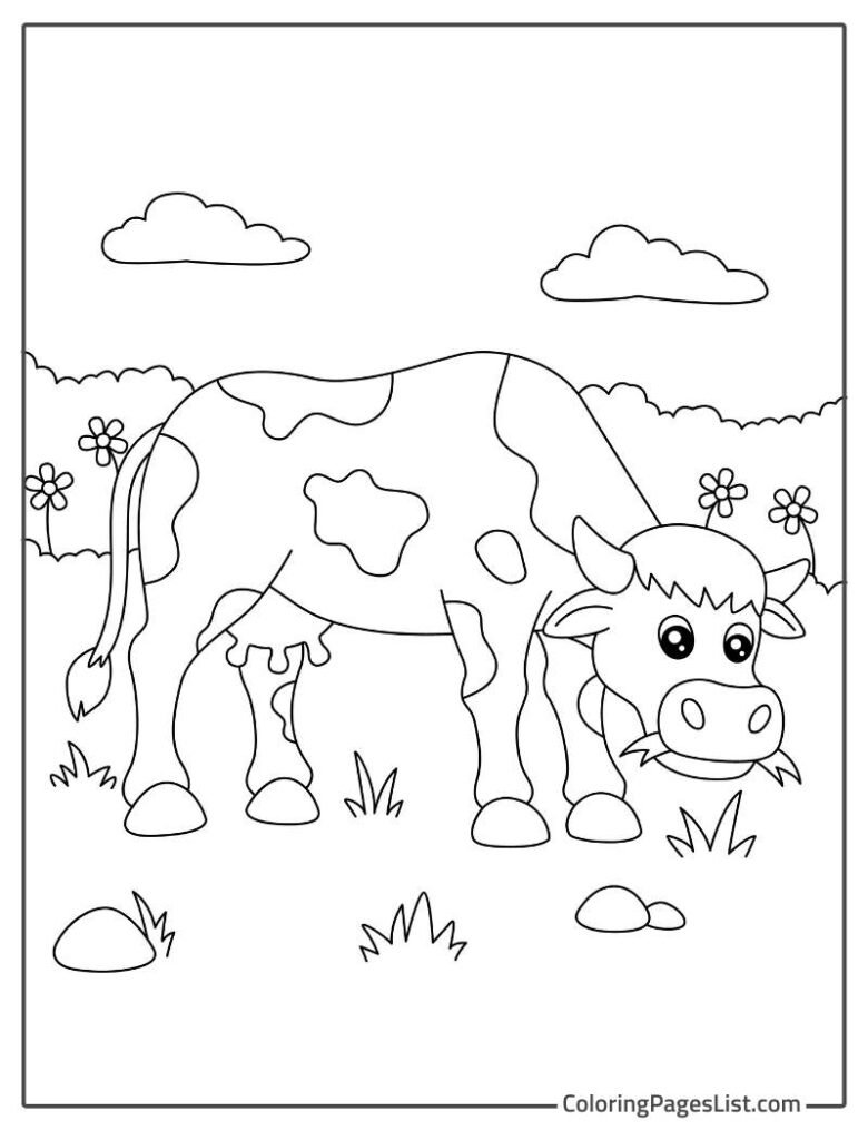 Simple Cow Grazing Outside Coloring Sheet For Kids