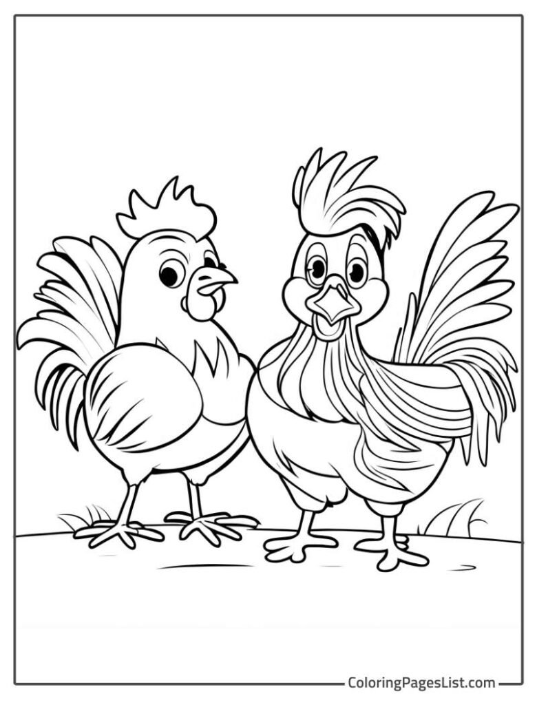 Simple Outline Chicken And Rooster Standing Coloring Sheet