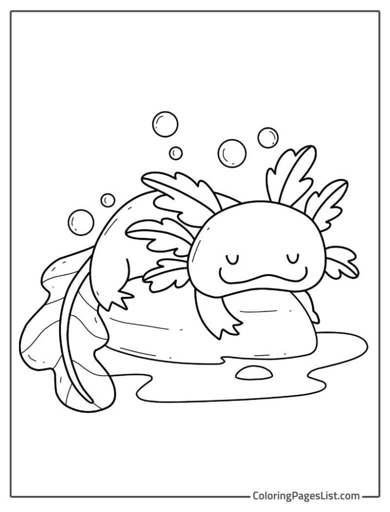 Simple Outline Of Axolotl Sleeping On The Rock In The Water Coloring Page