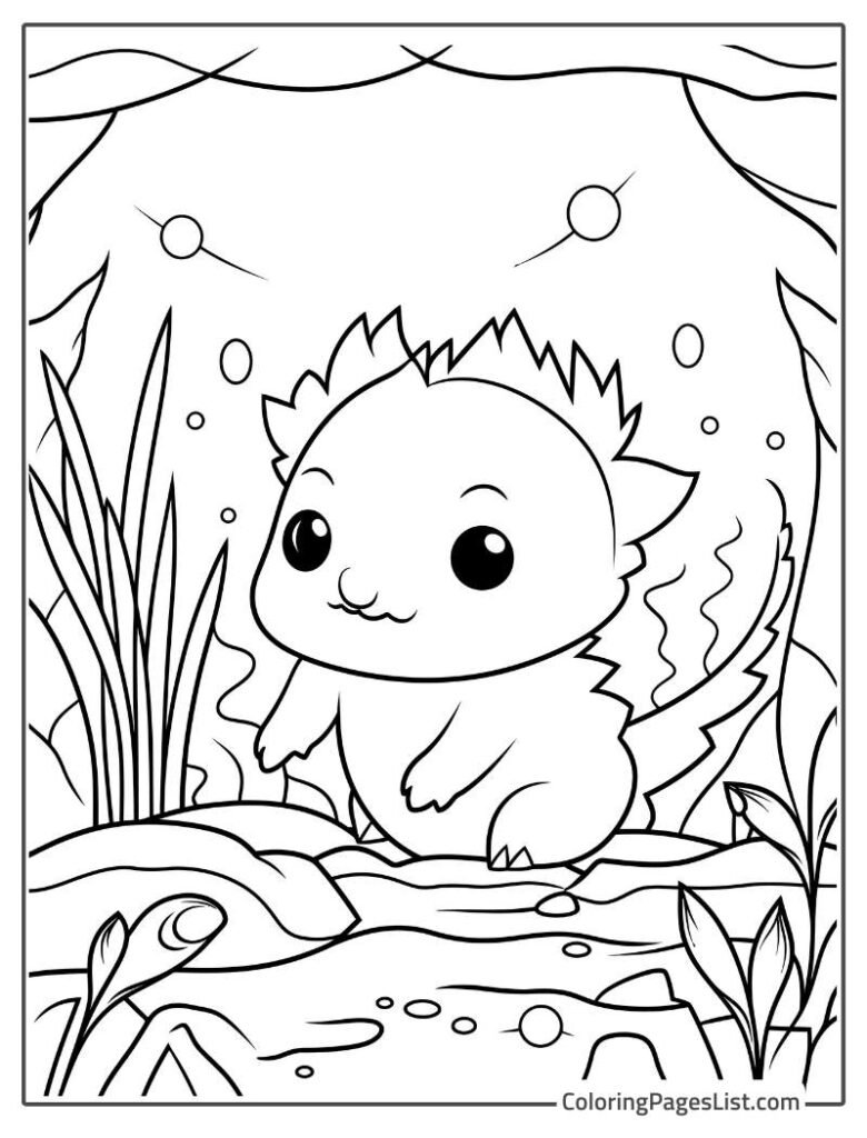 Simple Outline Of Baby Axolotl Standing On The Rock Coloring Sheet