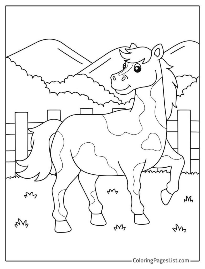 Smiling Horse Standing In Front of The Fence Coloring Page