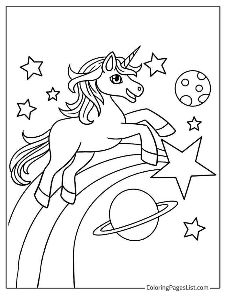 Space Themed Unicorn Enjoying Coloring Sheet