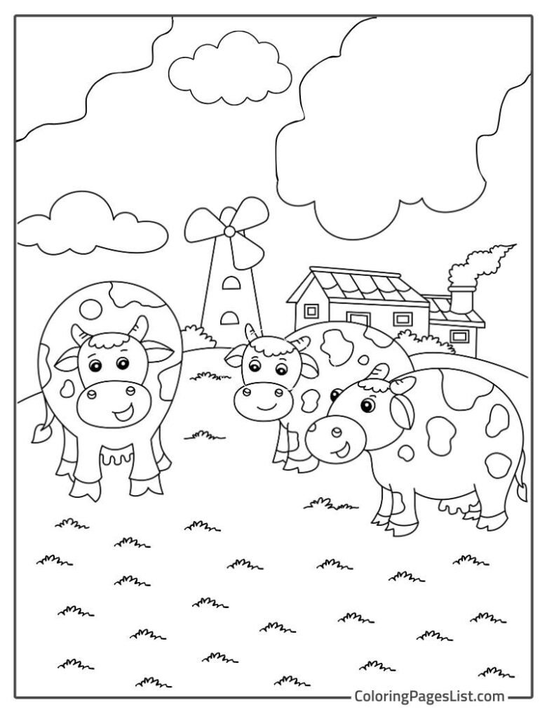 Three Cows Grazing In The Garden Coloring Page