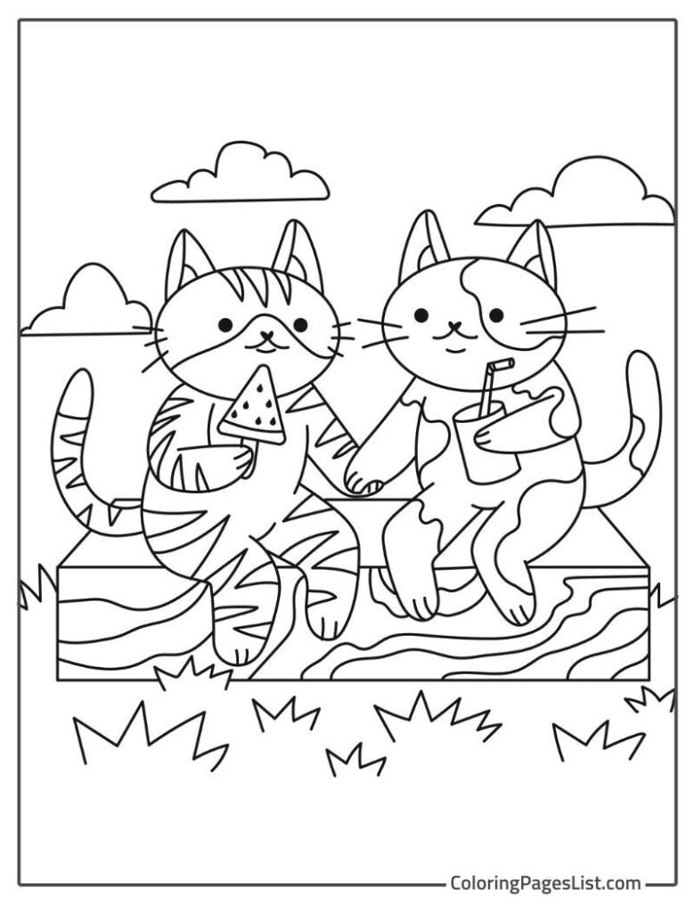 Two Kawai Cats Coloring Page