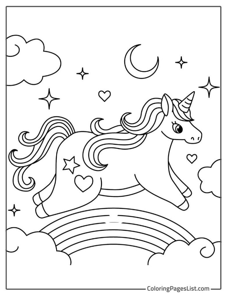 Unicorn Jumping Above The Rainbow Coloring page For Kids