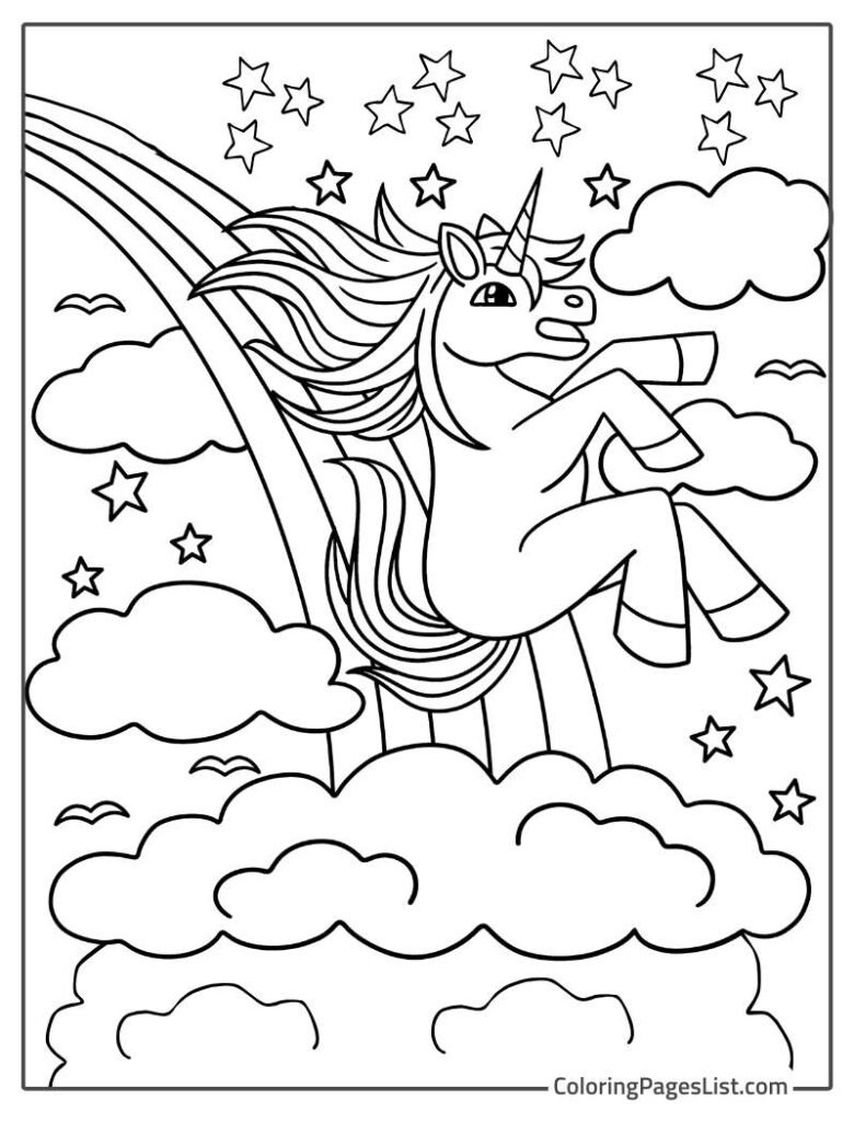 Unicorn Sliding Over The Rainbow To The Clouds