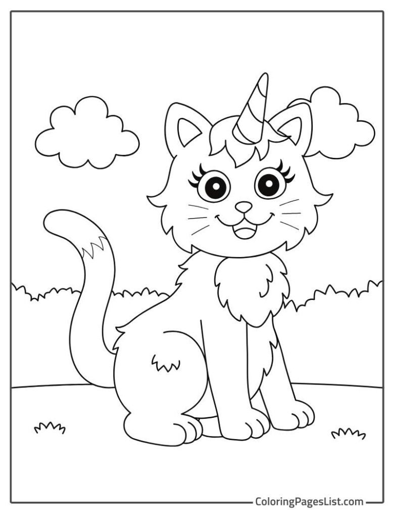 Unicorn-Themed Cat Coloring Sheet