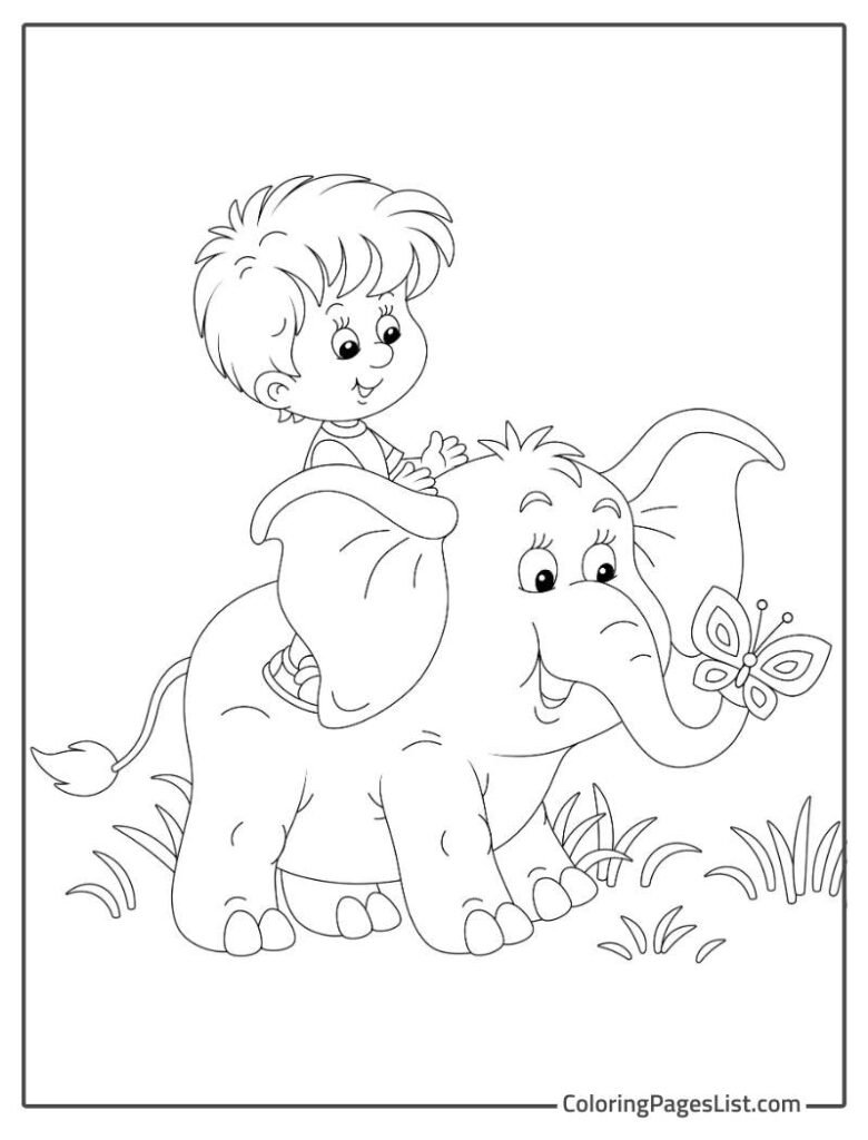 A Boy Riding Elephant Coloring Sheet For Kids