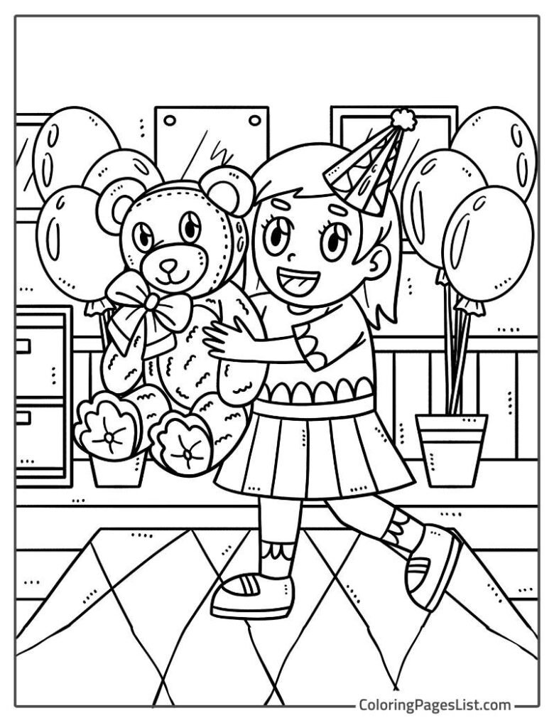 A Girl Holding Teddy Bear In The Party Coloring Page