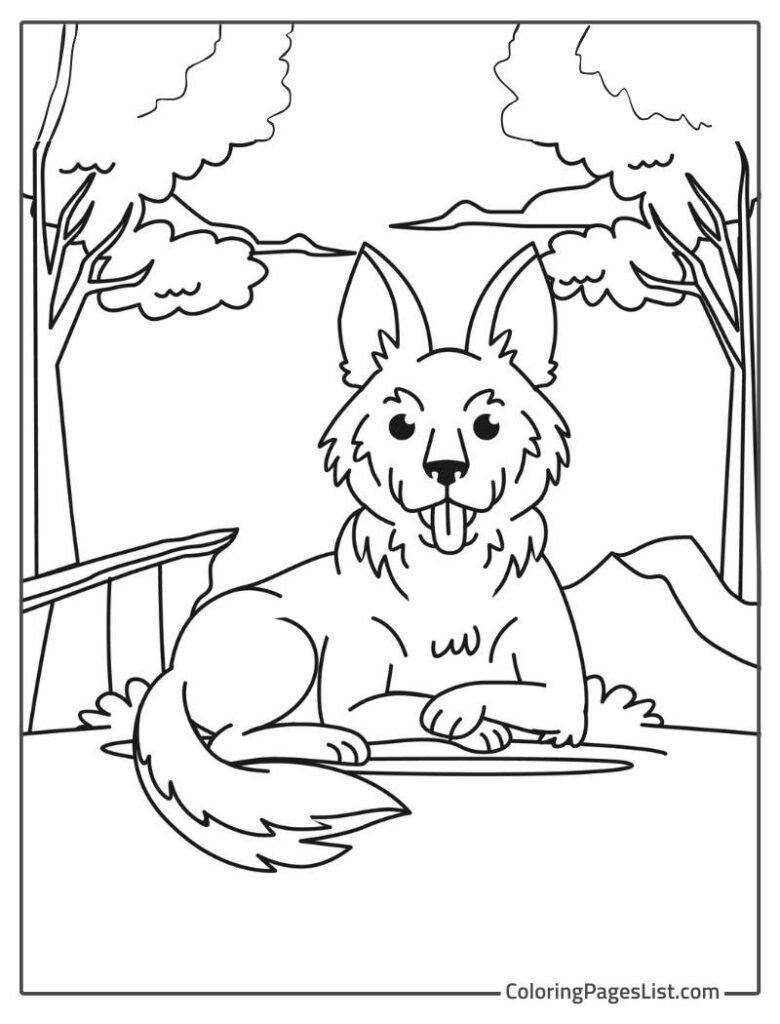 Adorable Germen Shepherd Sitting On The Grass In The Park Coloring Sheet