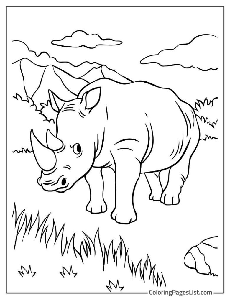 Angry Rhino Walking Near The Mountains To Color In