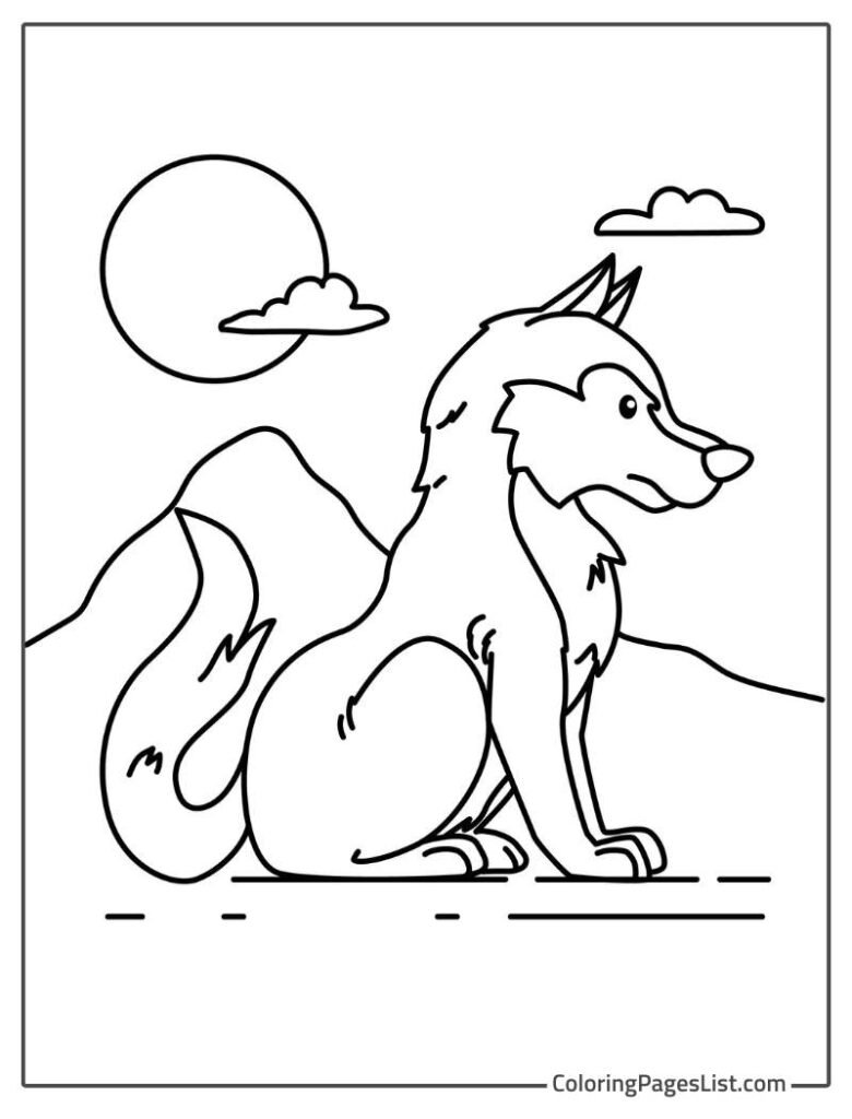 Angry Wolf Sitting Near The Mountain During Night Coloring Sheet