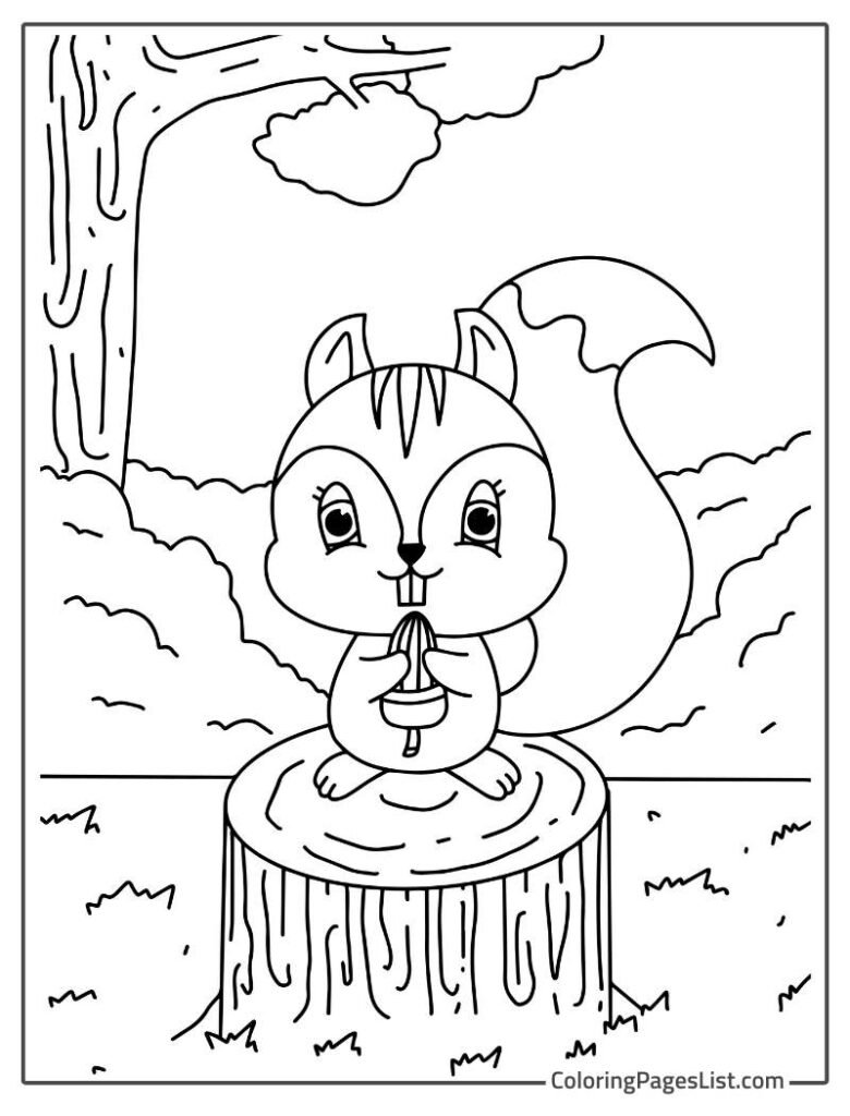 Baby Squirrel Standing On The Tree Log And Holding Peanut Coloring Page