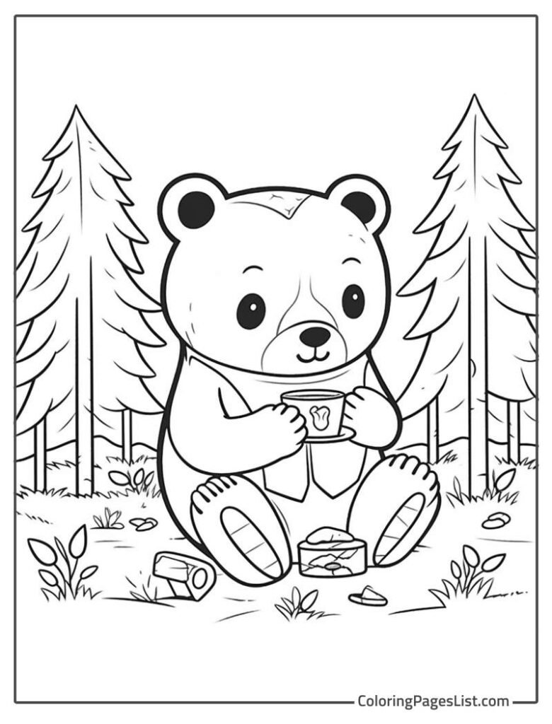 Bear Holding A Cup Of Tea While Enjoying In The Jungle