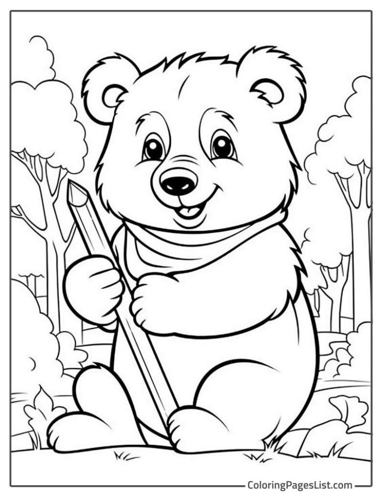 Bear Holding A Wood Stick And Looking At It While In The Jungle Coloring Page