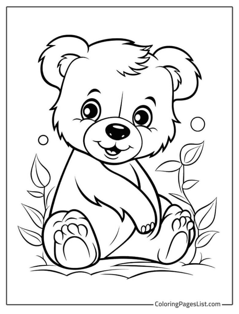 Bear Playing With The Leaves Coloring Page For Kids