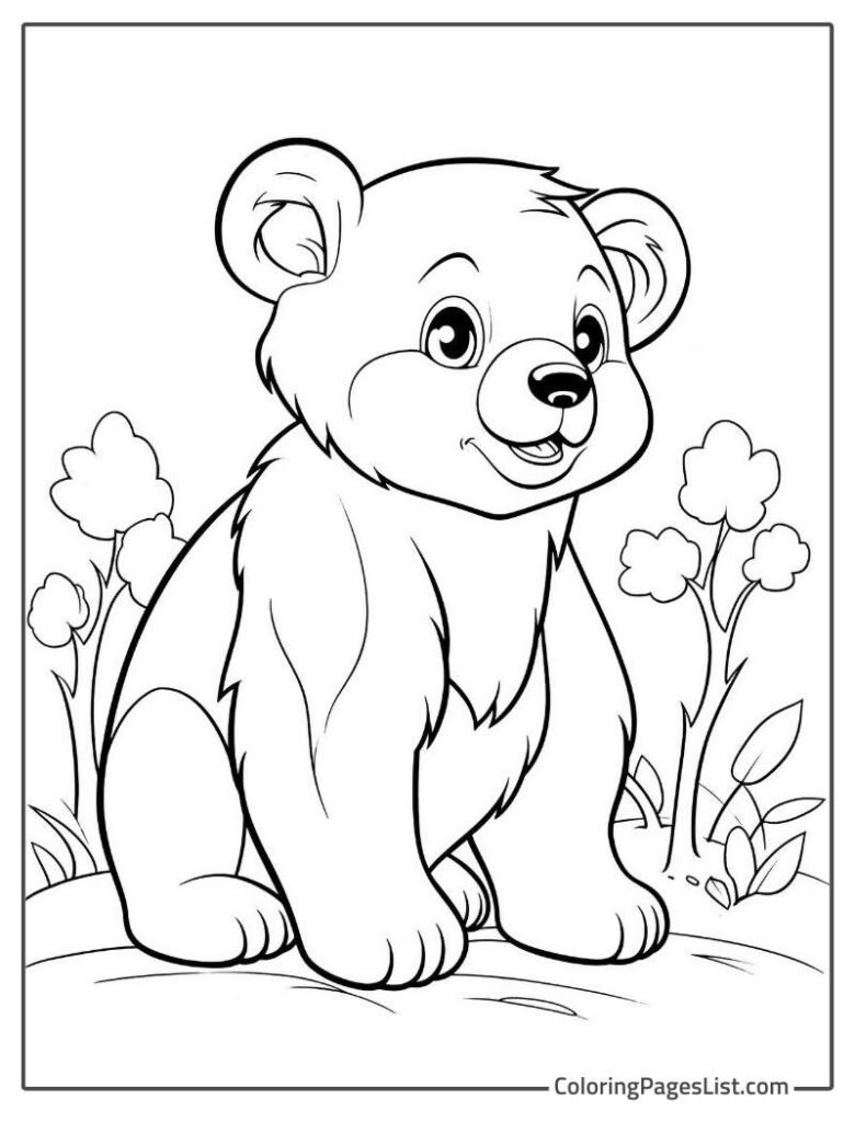 Bear Simple Outline Of Smiling And Sitting To Color In