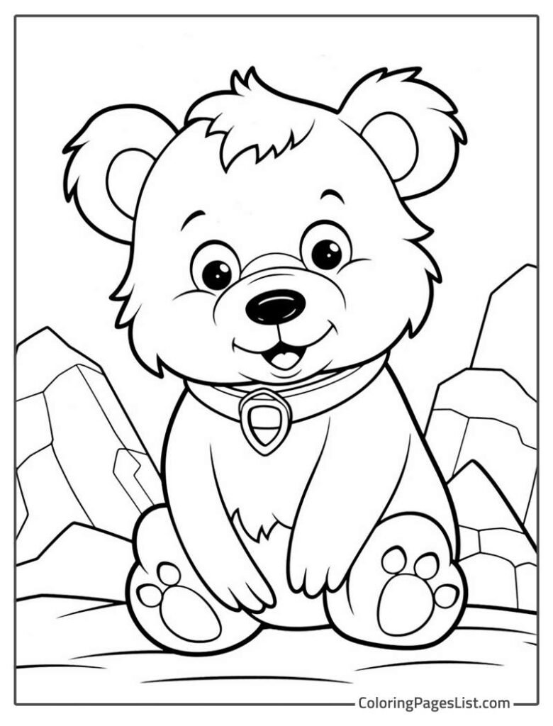 Bear Sitting On The Ground Near The Mountains To Color In