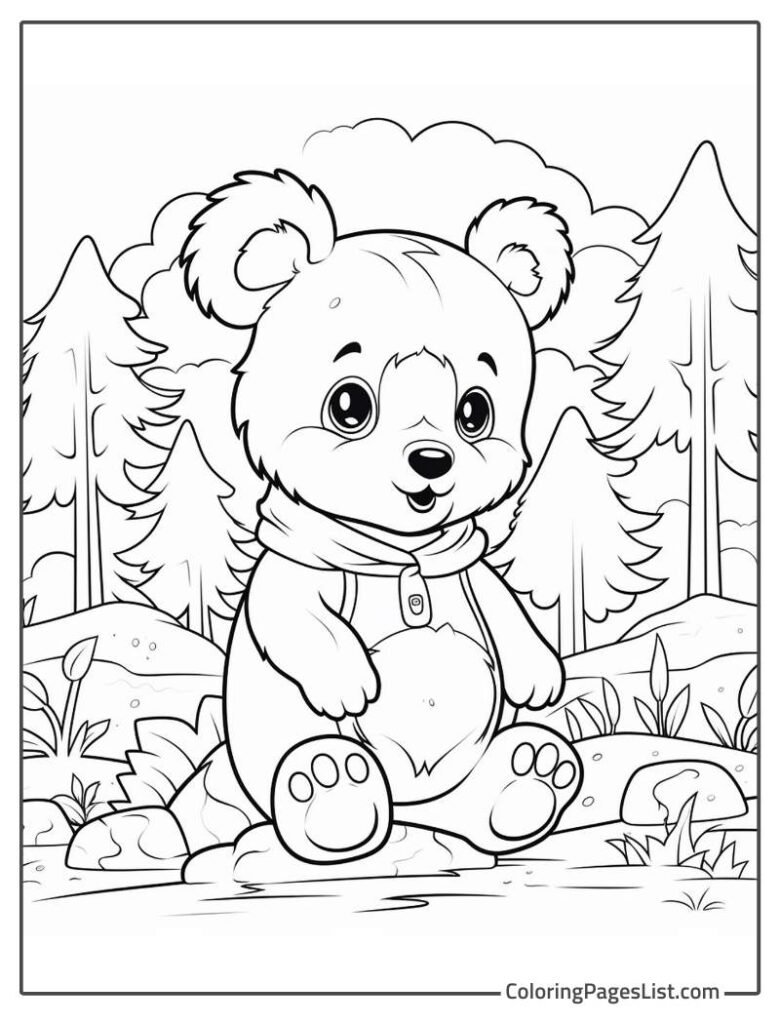 Bear Sitting On The Rock Smiling In The Jungle To Color In