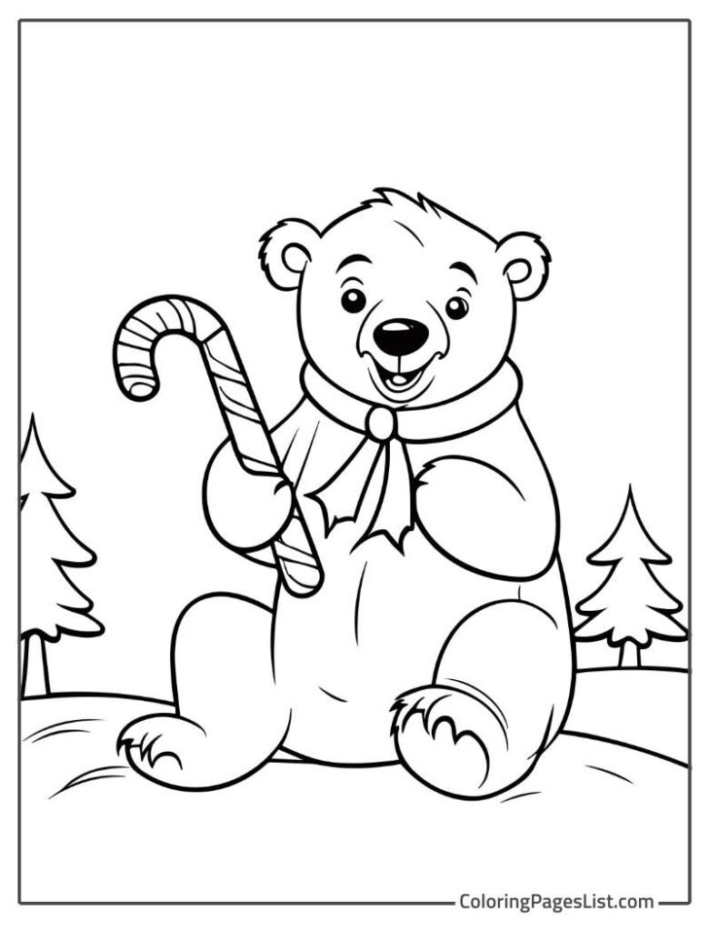 Bear Smiling And Holding Candy Cane To Color In