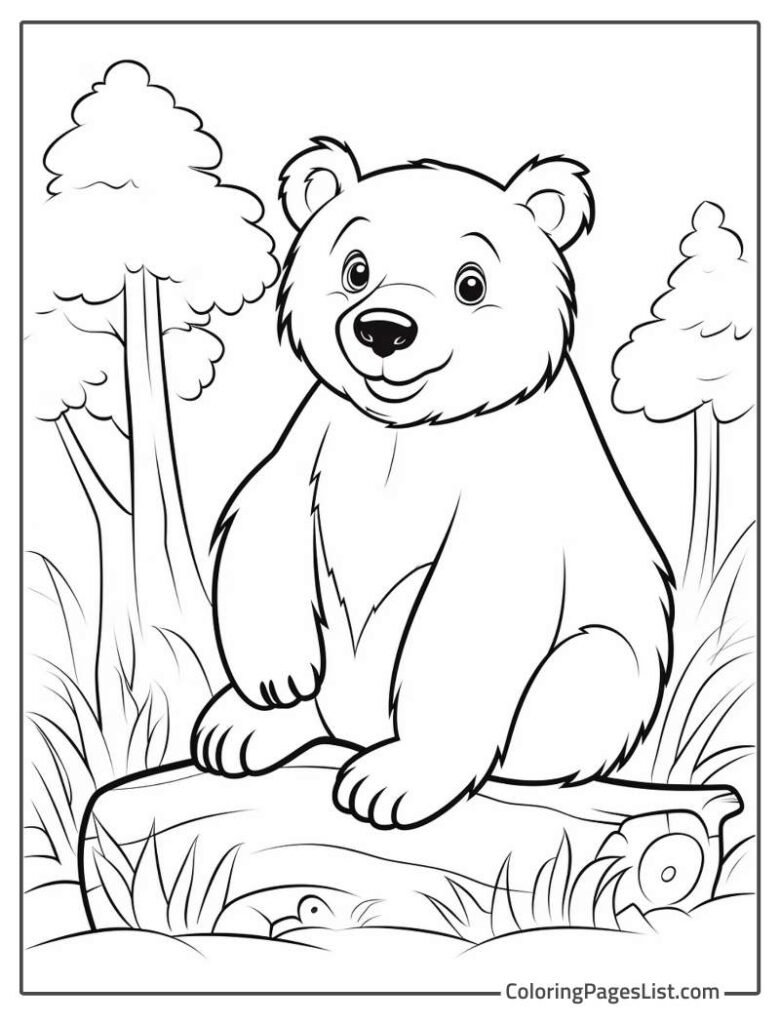 Bear Smiling And Sitting On The Tree Log In The Jungle