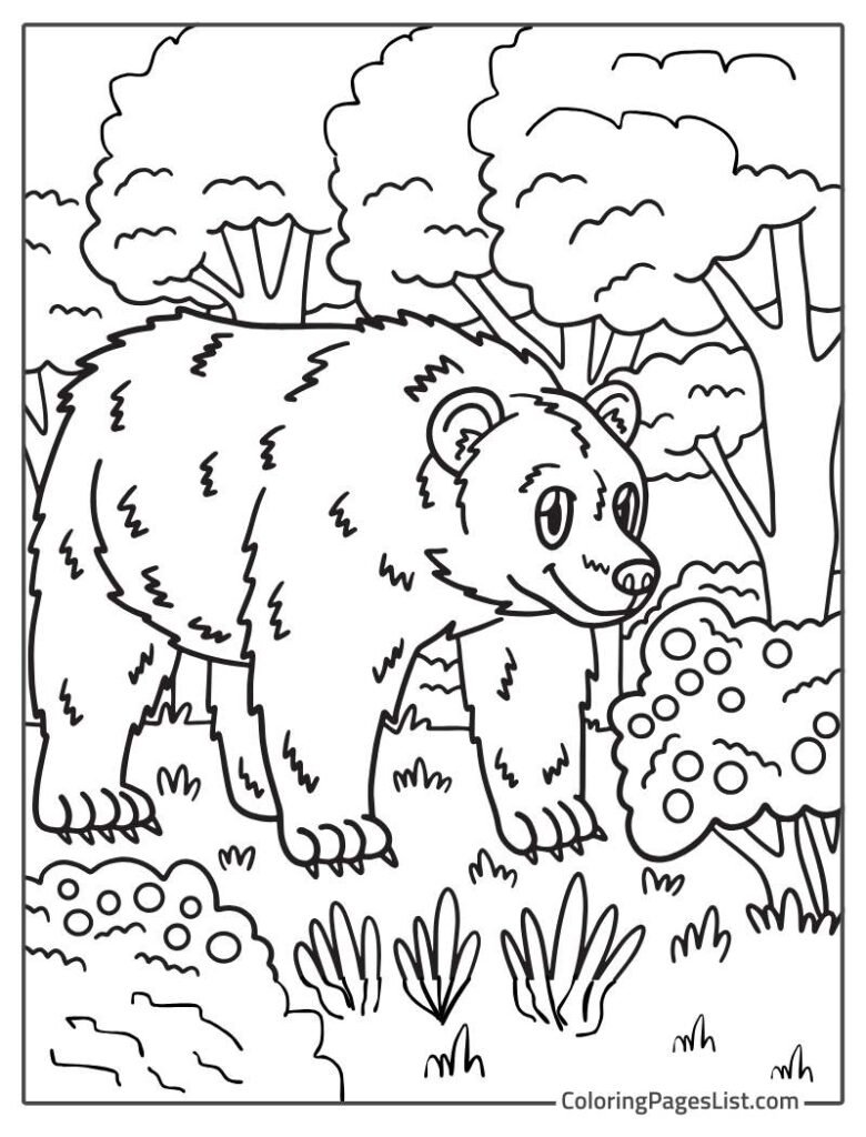 Bear Smiling And Walking In The Jungle Looking At The Tree Coloring Sheet