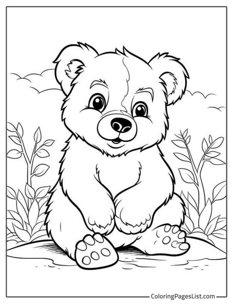 Bear Smiling Sitting Near The Leaves To Color In