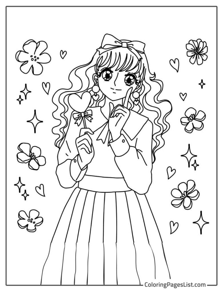 Beautiful Anime Girl Holding Lollipop Coloring Page