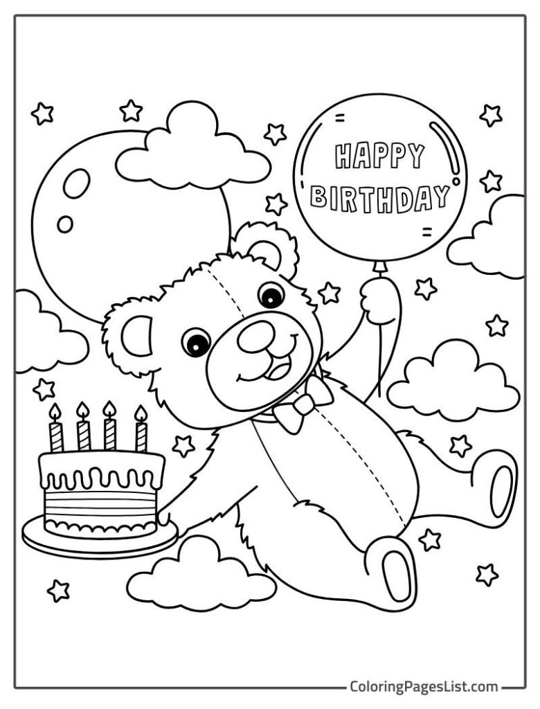 Beautiful Teddy Bear Smiling Holding Cake And Balloon Coloring Page