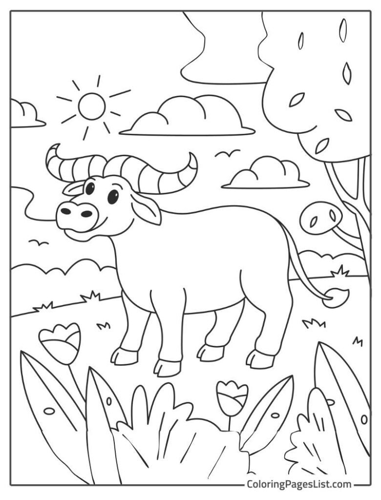 Bull Walking And Enjoying In The Garden To Color