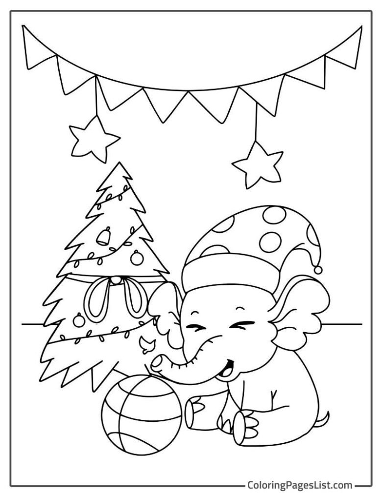 Christmas Themed Elephant Coloring Page