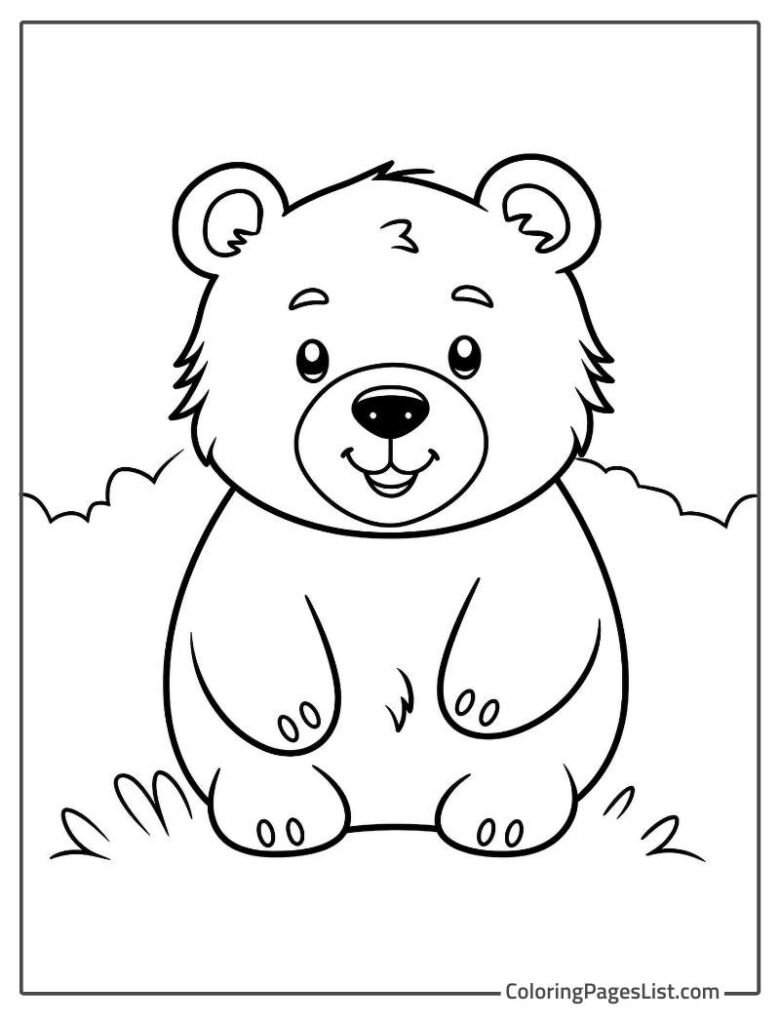 Cute Baby Bear Smiling While Sitting On The Grass Coloring Page