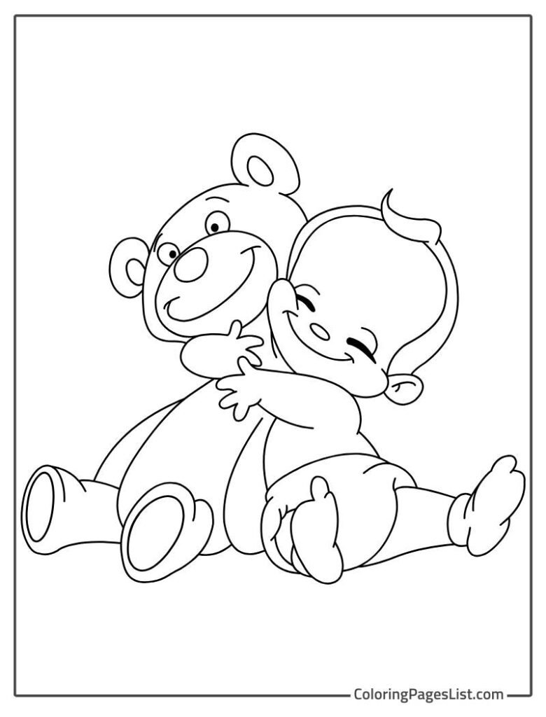 Cute Baby Boy Holding His Teddy Bear Buddy To Color In