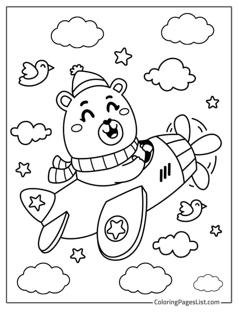 Cute Bear Flying A Airplane Coloring Page